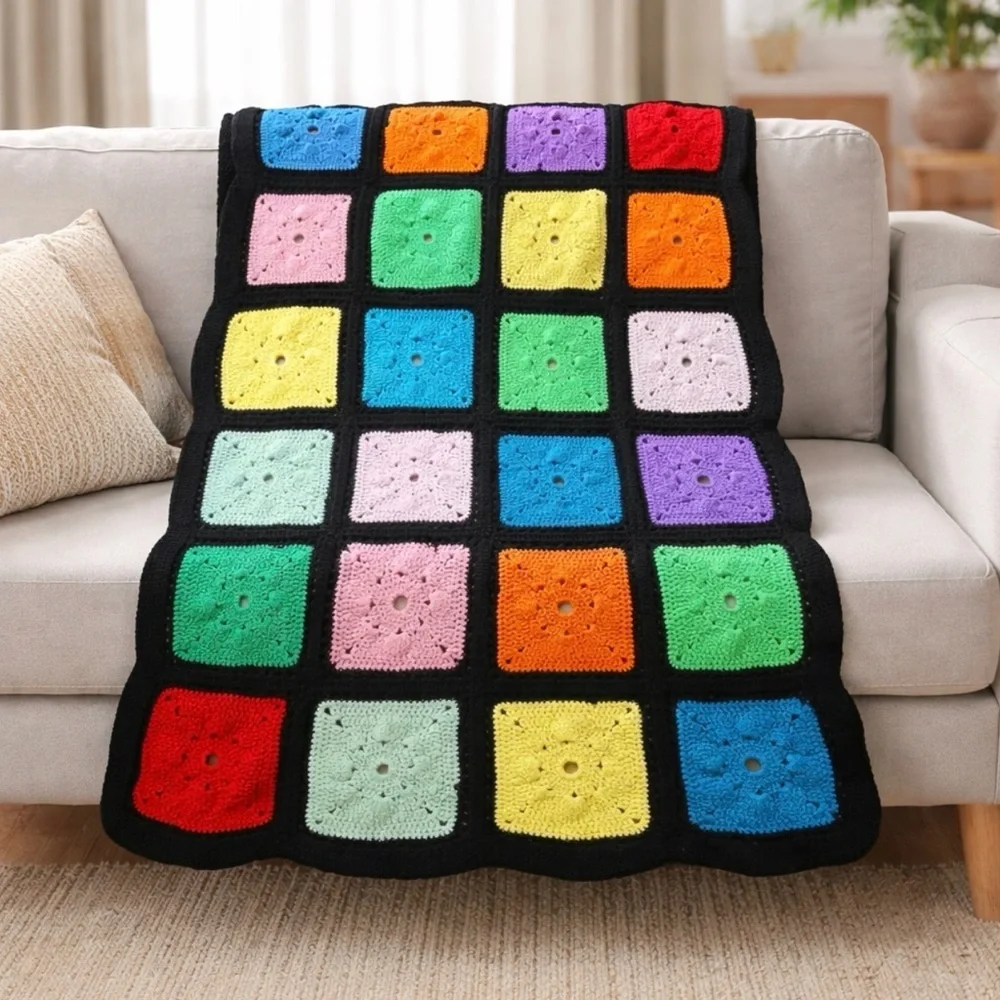 Vintage Granny Square Crochet Afghan Throw Blanket Multicolor 56” X 38”